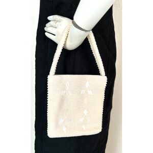 40s-50s Seed Bead Evening Purse Satin Lined White Wedding Formal Zip Mini EUC